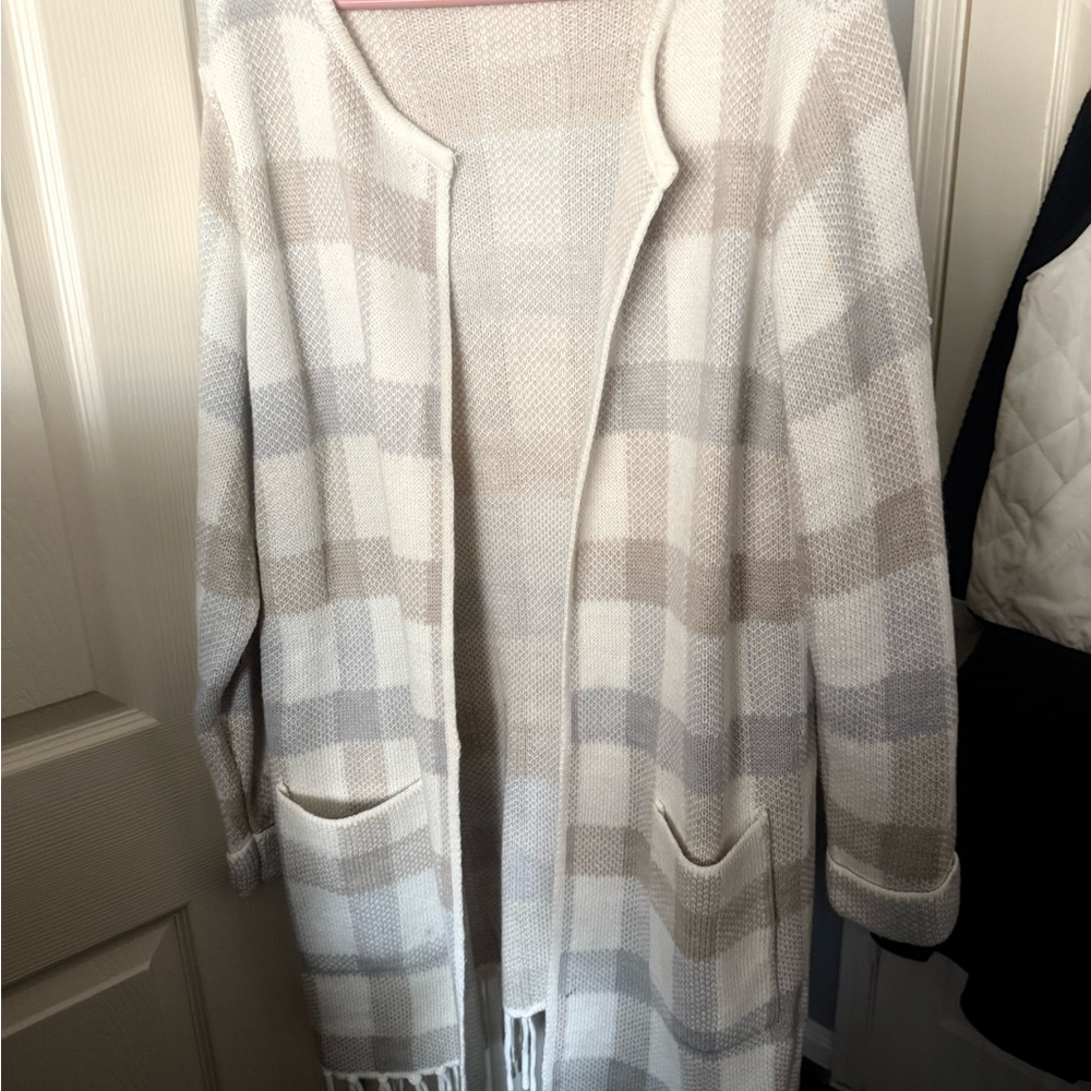 Adrienne Vittadini Plaid Open-Front Cardigan - Cream & Light Gray